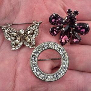 Lot 3 Vtg Rhinestone Brooches 1" Butterfly Bee & Circle Figural Pin Set MCM